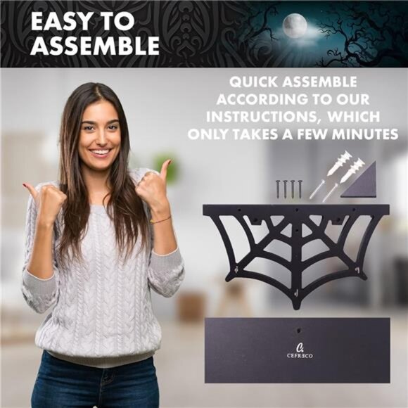 Spider Web Floating Shelf - Gothic Halloween Hanging Shelf with Hooks for Wall - Picture 4 of 7